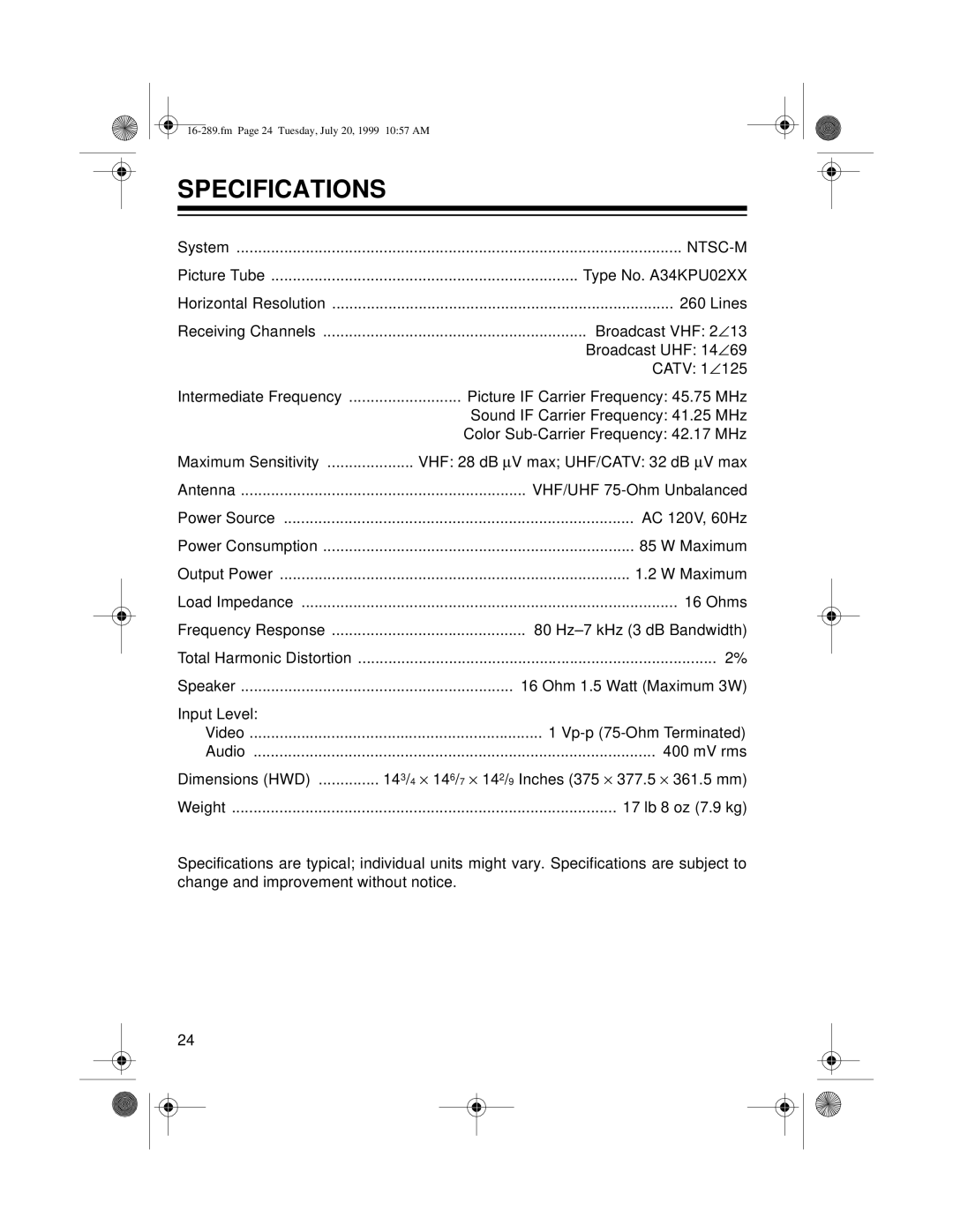 Tandy 16-289 owner manual Specifications, Ntsc-M 