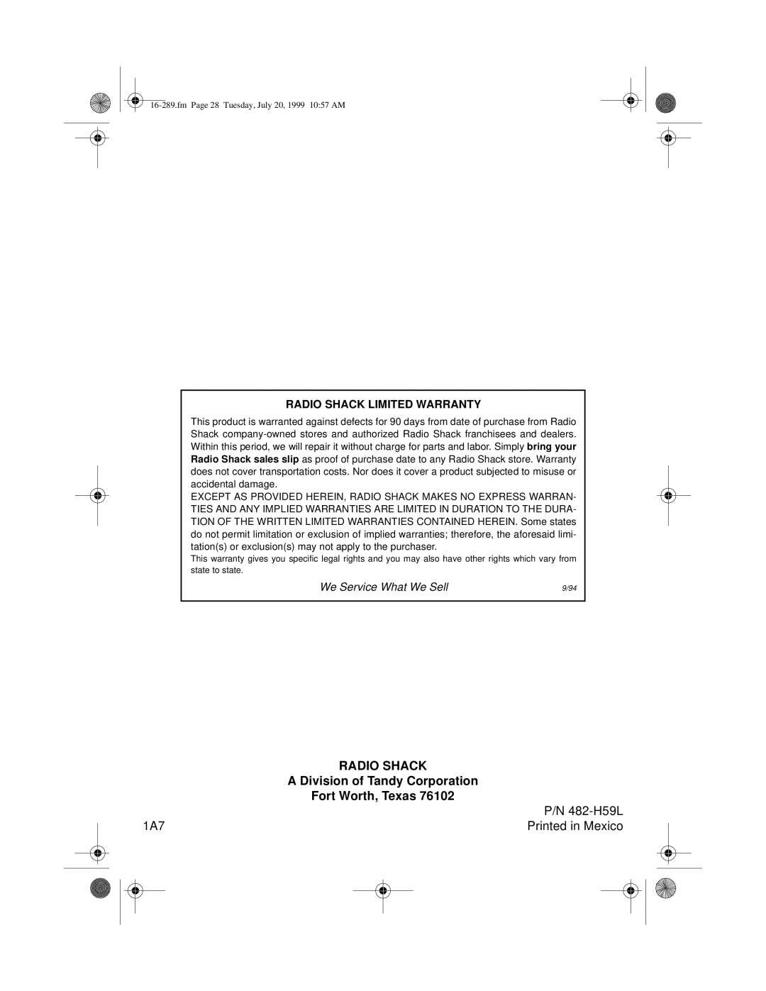 Tandy 16-289 owner manual Radio Shack 