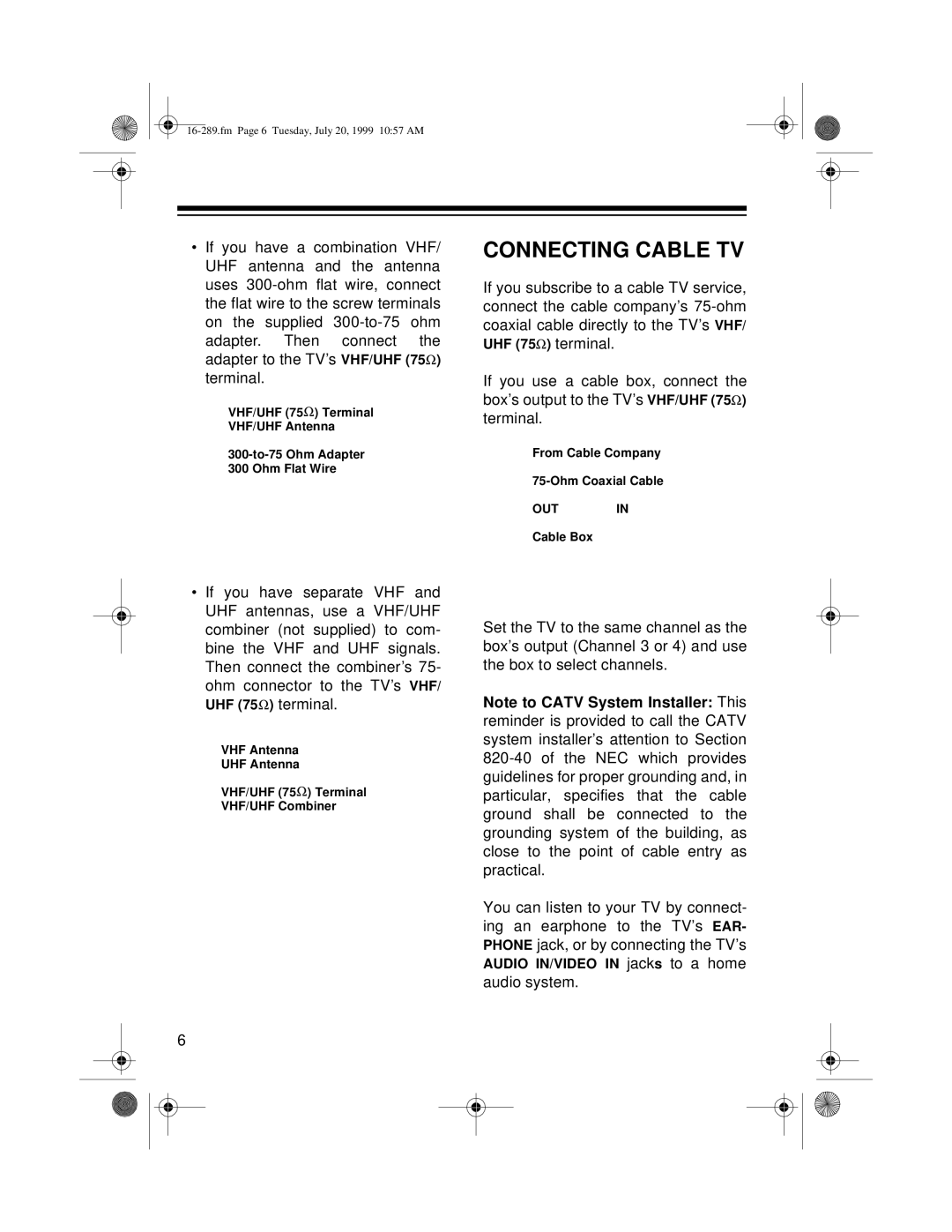 Tandy 16-289 owner manual Connecting Cable TV 