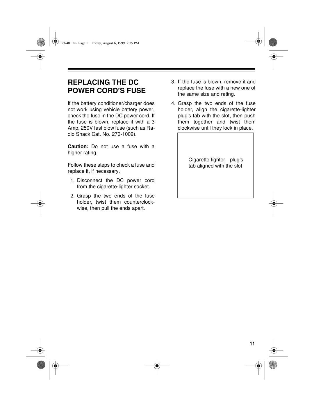 Tandy 23-401 owner manual Replacing the DC Power CORD’S Fuse 