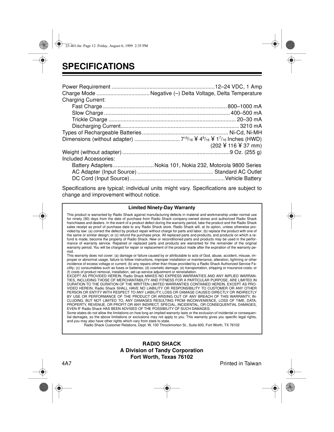 Tandy 23-401 owner manual Specifications, Limited Ninety-Day Warranty 