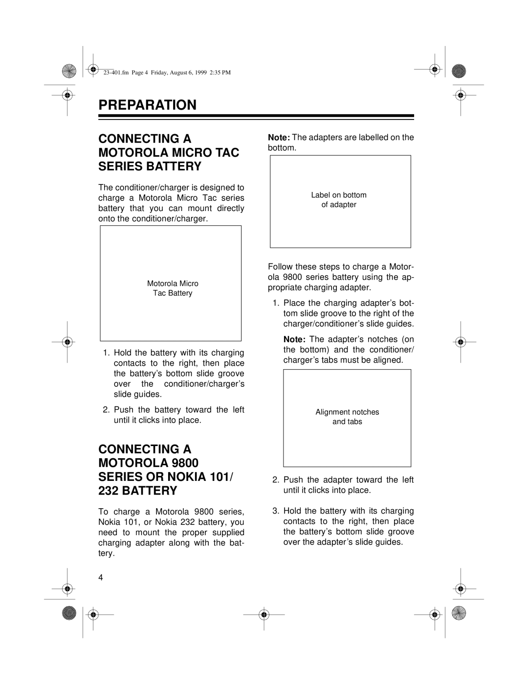 Tandy 23-401 owner manual Preparation, Connecting a Motorola Micro TAC Series Battery 