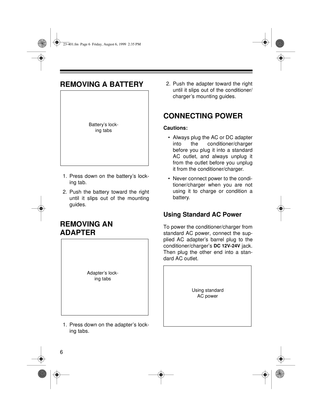 Tandy 23-401 owner manual Removing a Battery, Removing AN Adapter, Connecting Power 