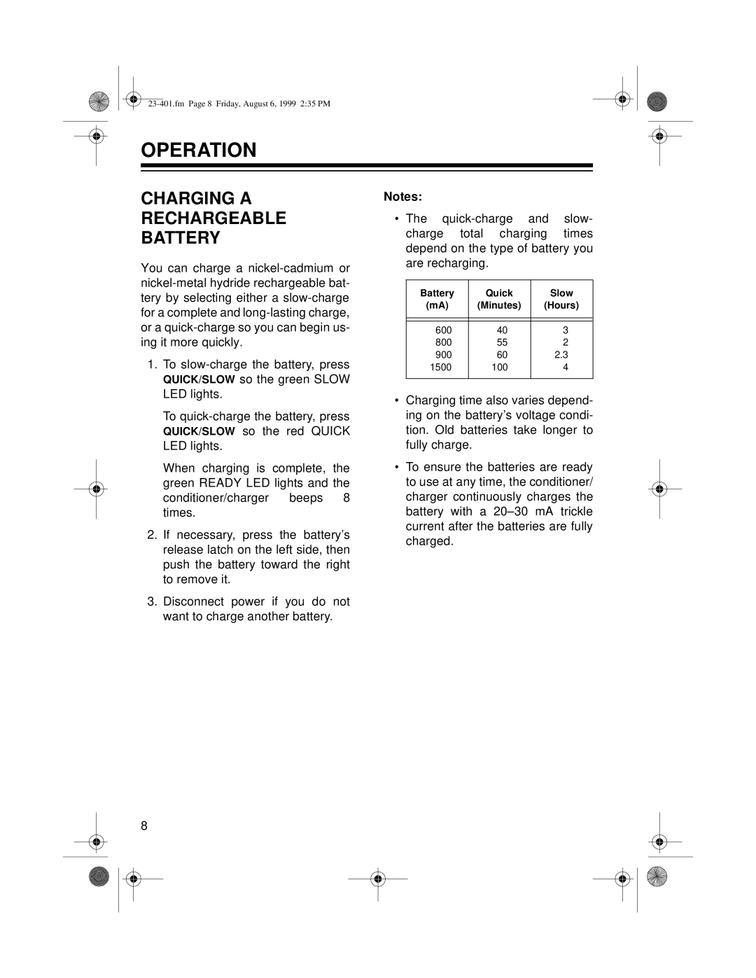 Tandy 23-401 owner manual Operation, Charging a Rechargeable Battery 