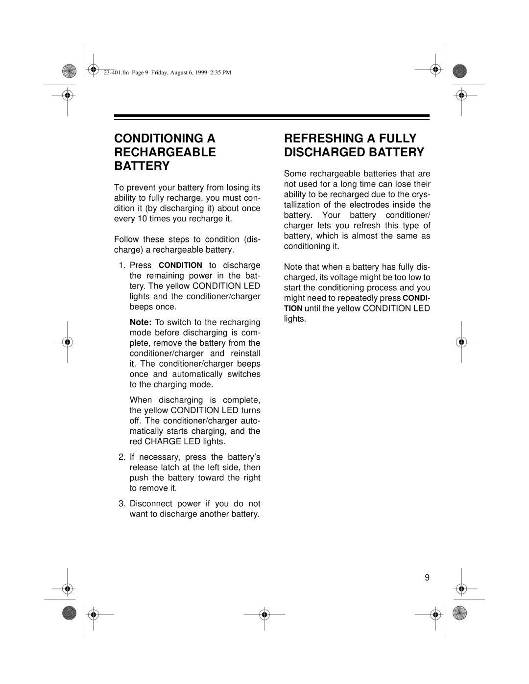 Tandy 23-401 owner manual Conditioning a Rechargeable Battery, Refreshing a Fully Discharged Battery 