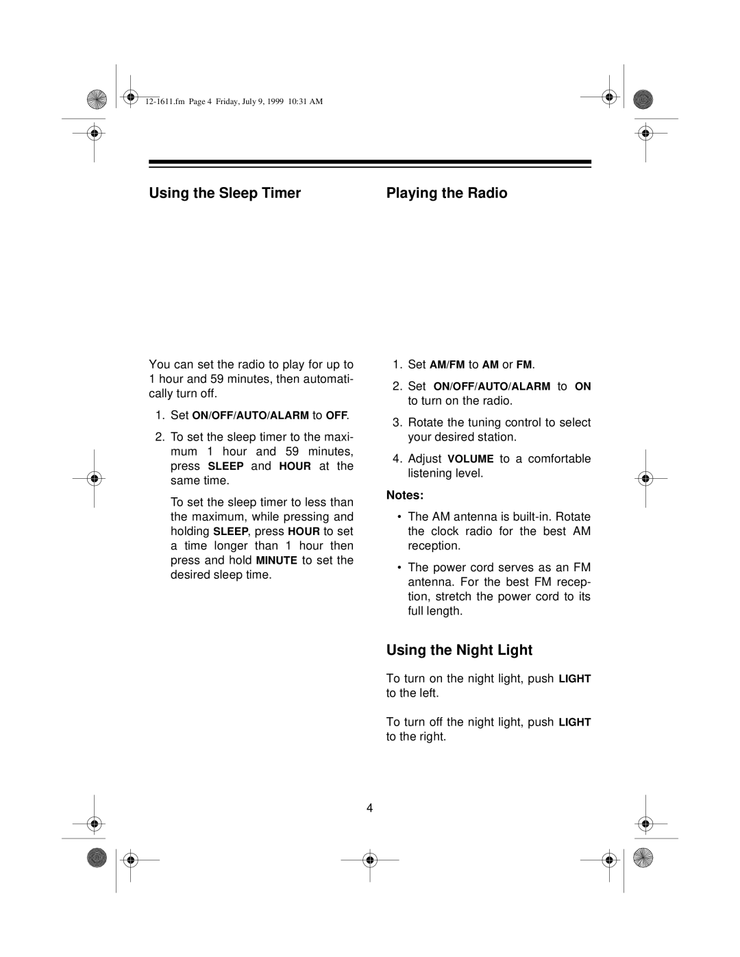 Tandy 308 user service Using the Sleep Timer Playing the Radio, Using the Night Light 