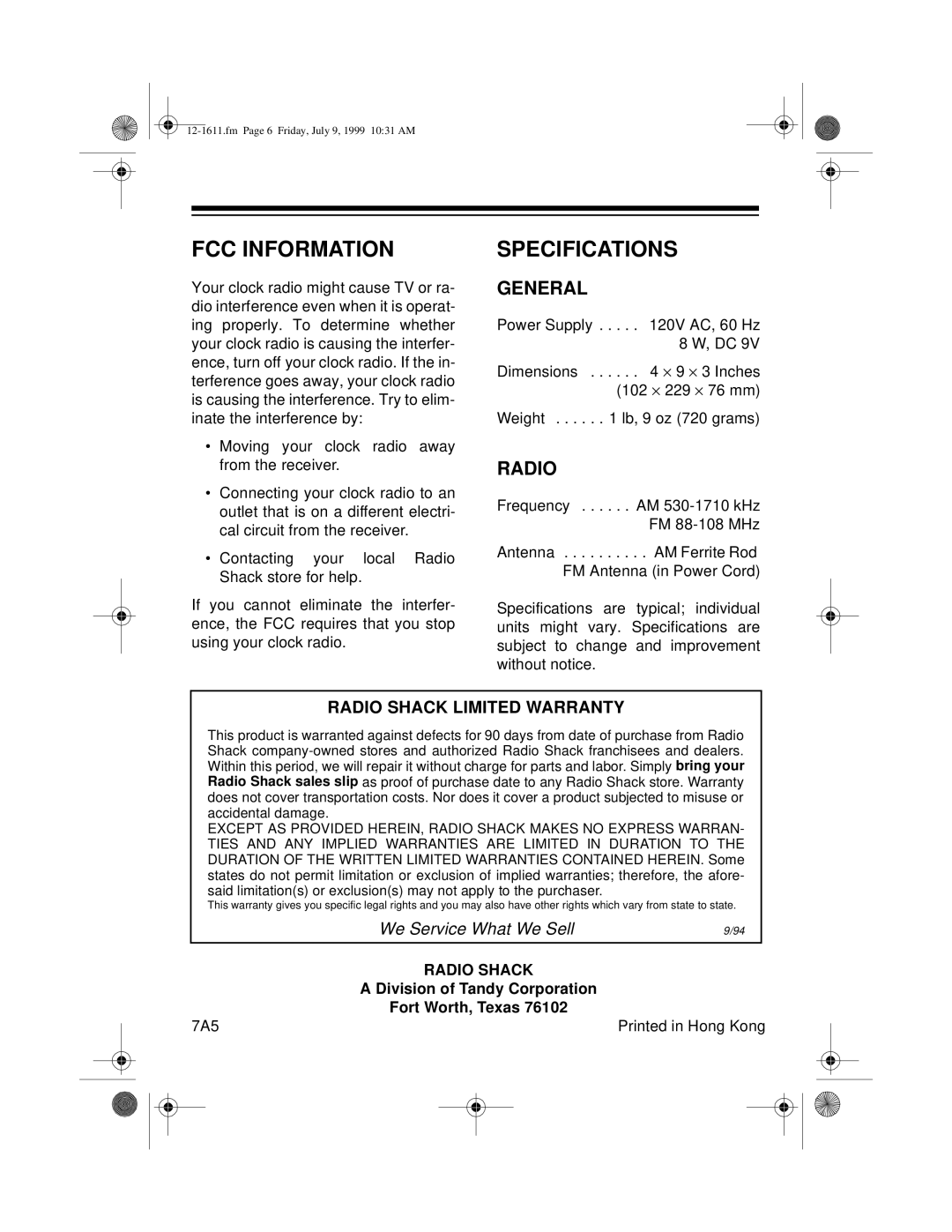 Tandy 308 user service FCC Information, Specifications 