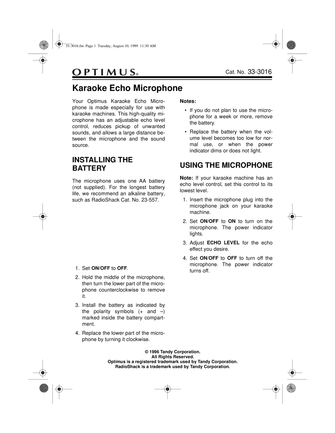 Tandy 33-3016 manual Installing Battery, Using the Microphone, Set ON/OFF to OFF 