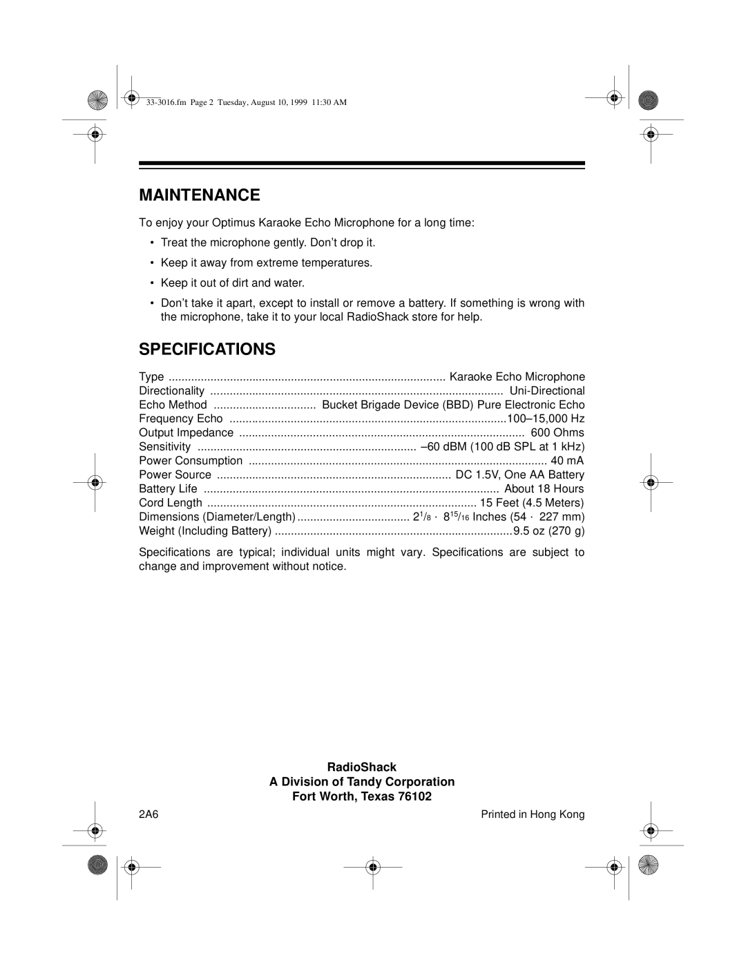 Tandy 33-3016 manual Maintenance, Specifications 