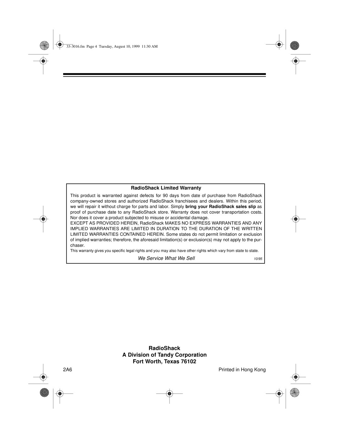 Tandy 33-3016 manual RadioShack Limited Warranty 