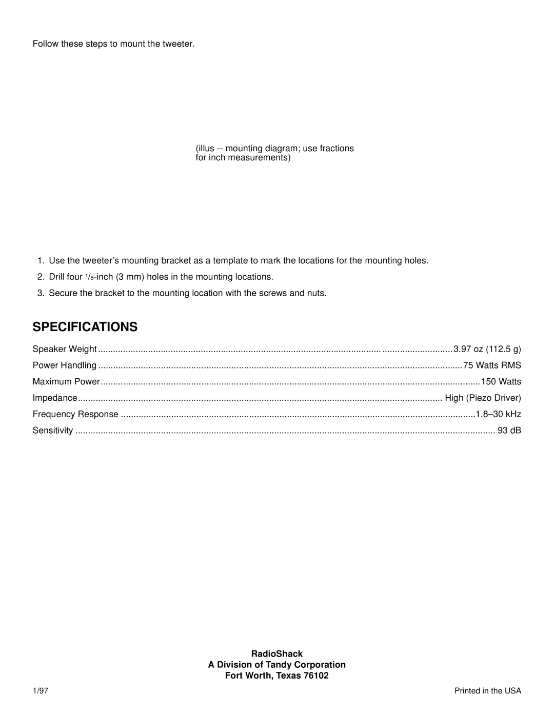 Tandy 40-1221 manual Specifications 