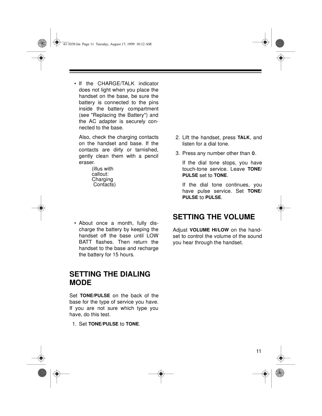 Tandy ET-539 owner manual Setting the Volume, Setting the Dialing Mode 