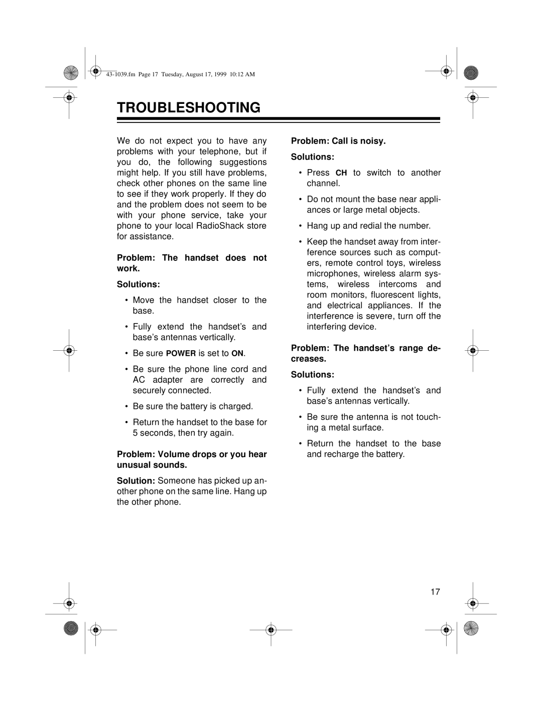 Tandy ET-539 owner manual Troubleshooting, Problem The handset does not work Solutions 