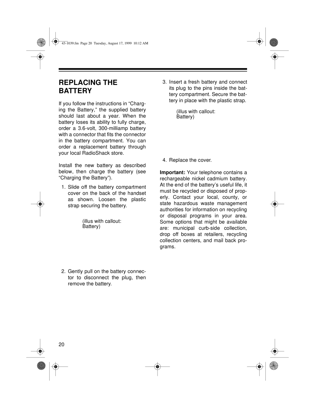 Tandy ET-539 owner manual Replacing Battery 