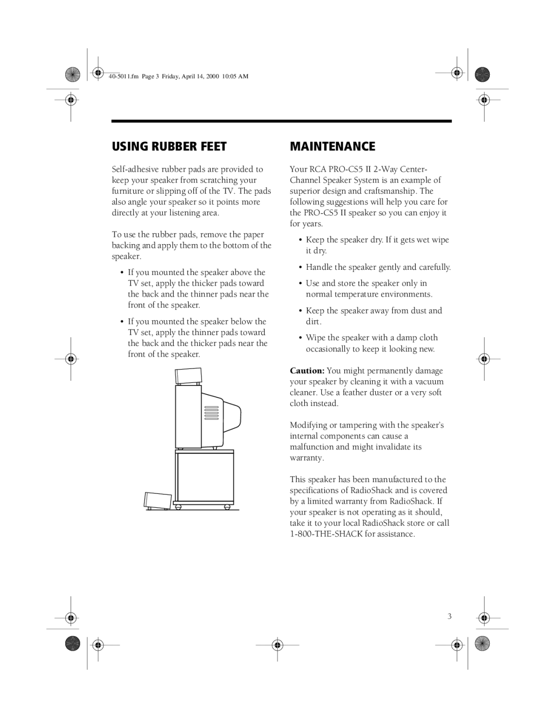 Tandy PRO-CS5II manual Using Rubber Feet, Maintenance 