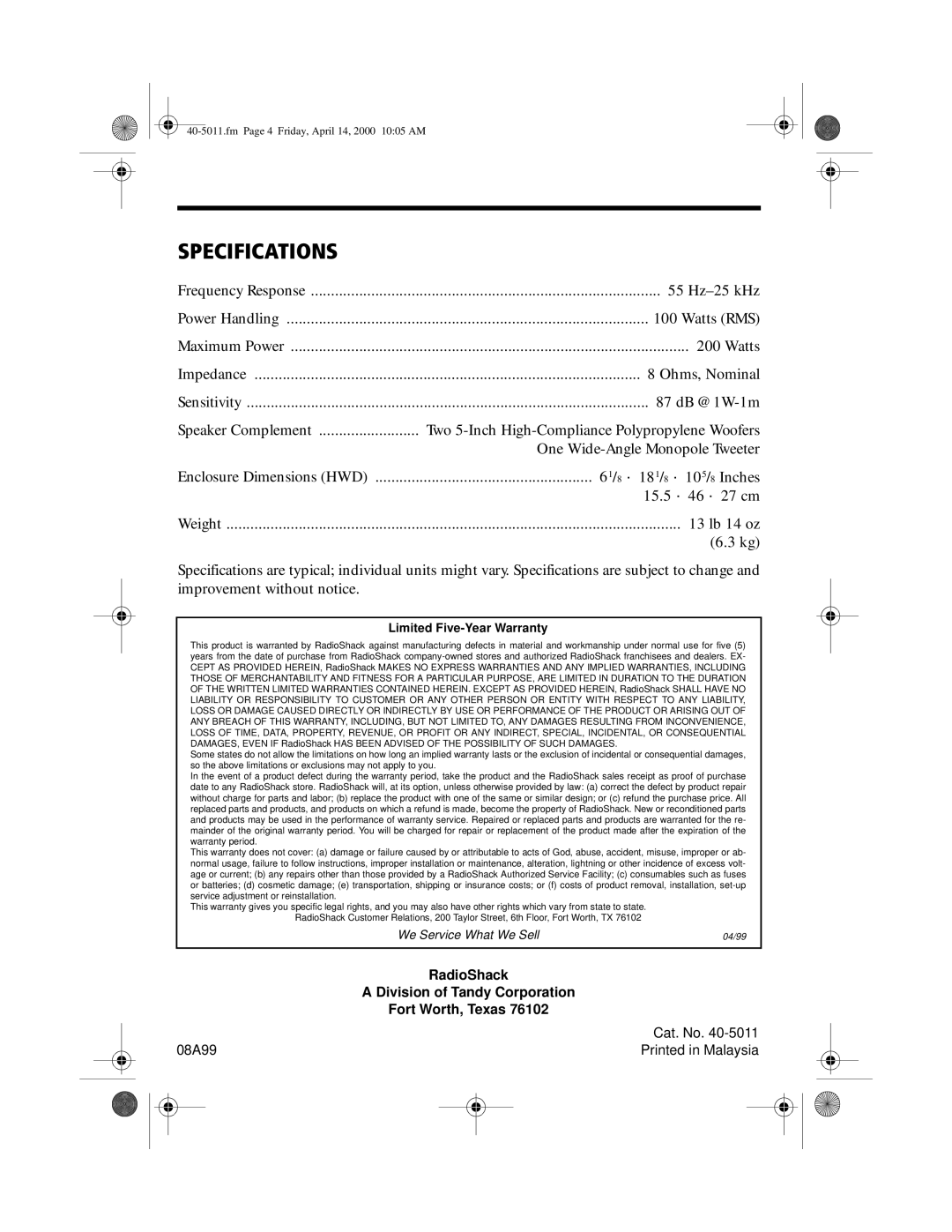 Tandy PRO-CS5II manual Specifications, Limited Five-Year Warranty 