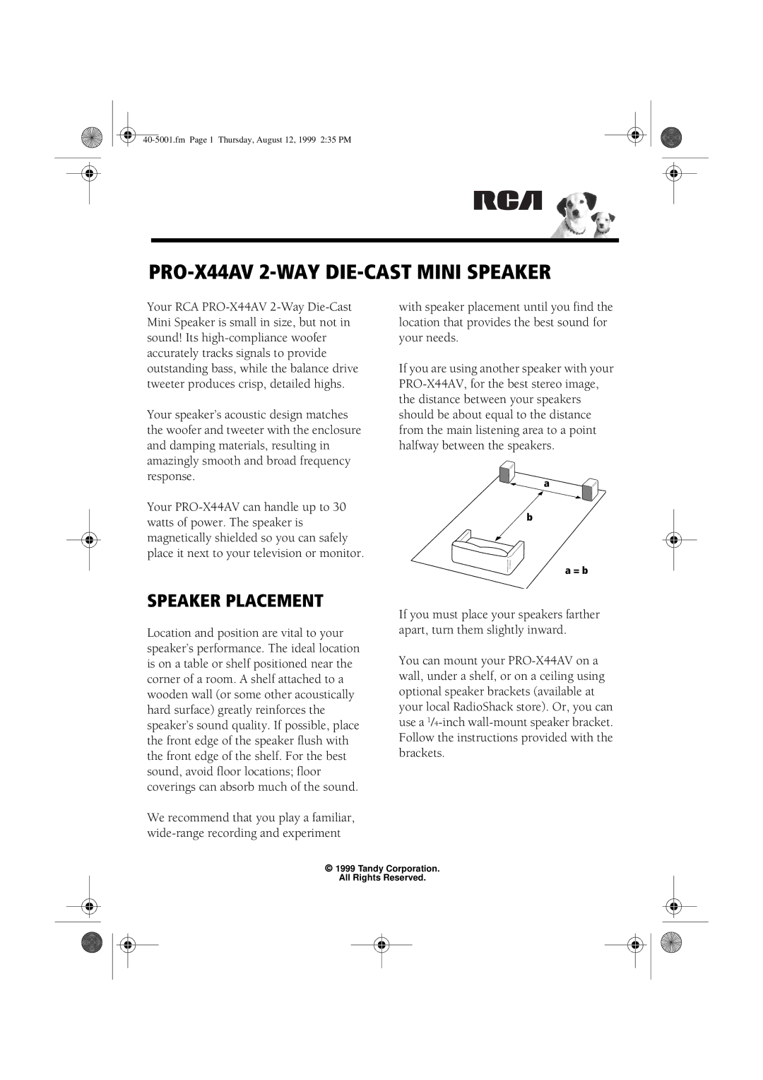 Tandy manual PRO-X44AV 2-WAY DIE-CAST Mini Speaker, Speaker Placement 