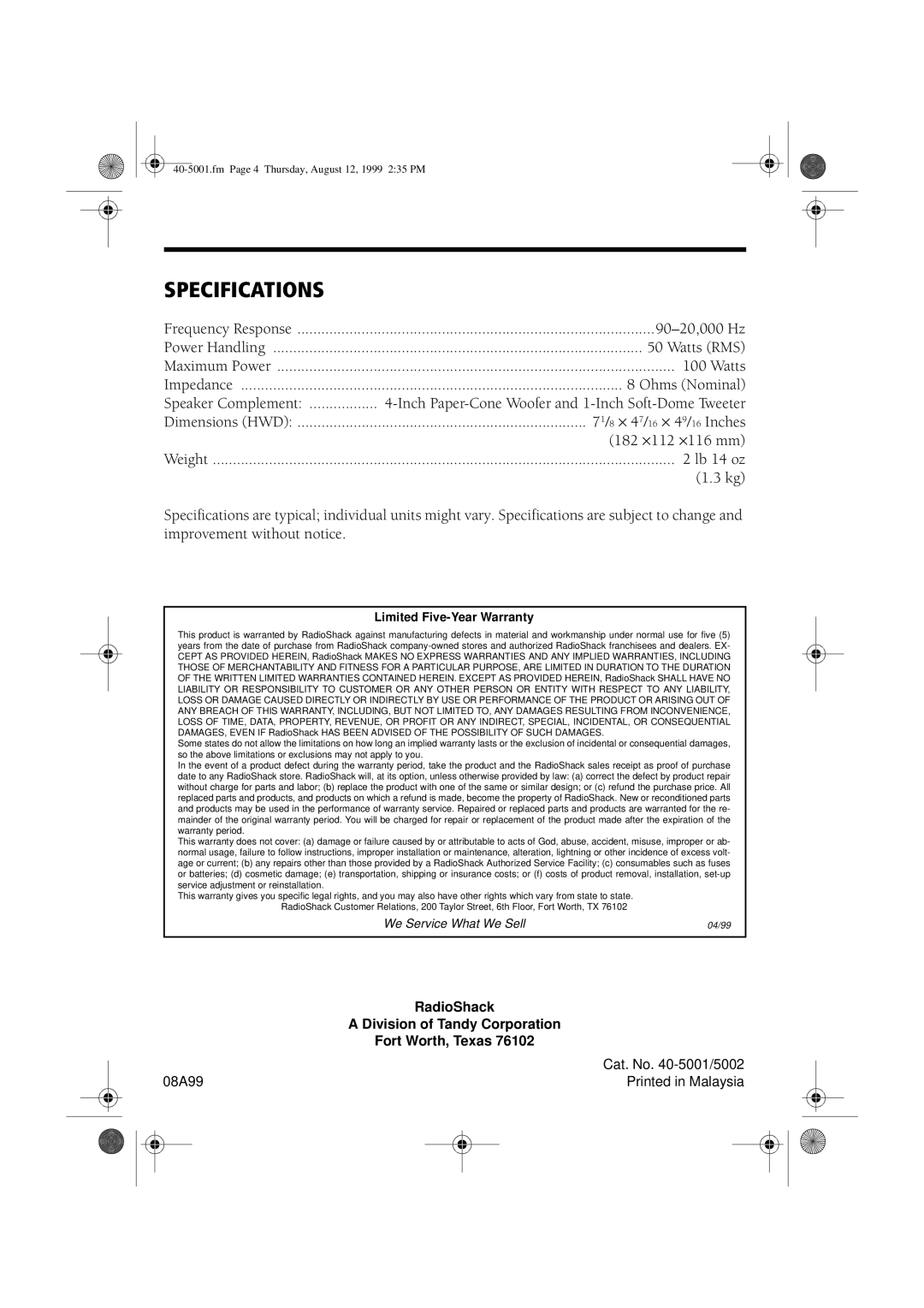 Tandy PRO-X44AV manual Specifications, Limited Five-Year Warranty 