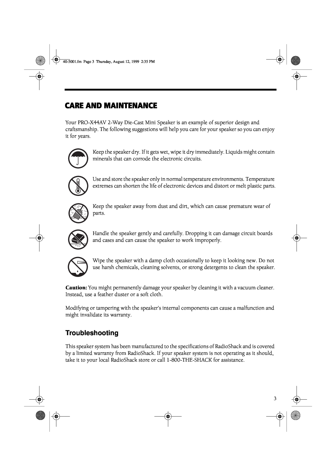 Tandy PRO-X44AV manual Care And Maintenance, Troubleshooting 