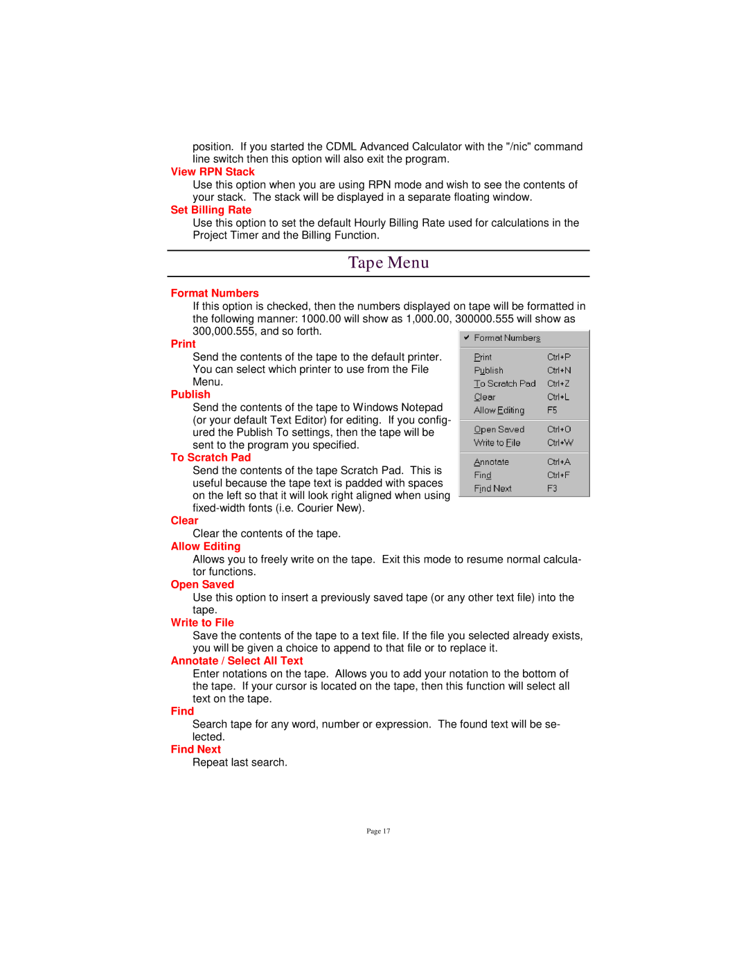 Tangent 2.2 manual Tape Menu 