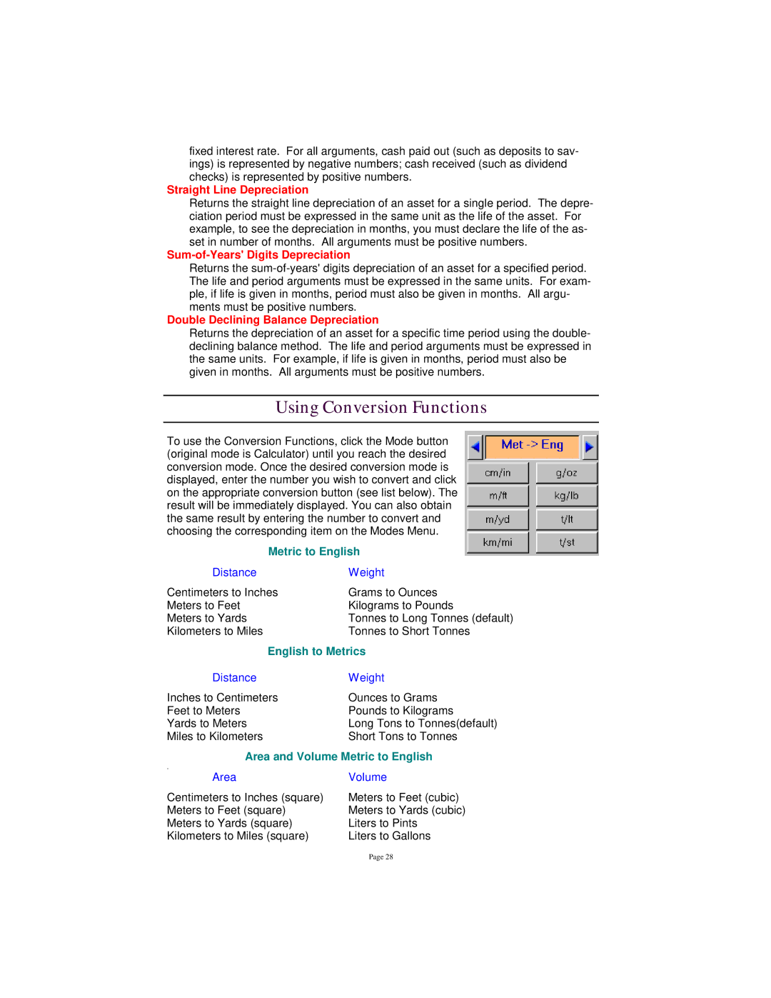 Tangent 2.2 manual Using Conversion Functions, Metric to English 