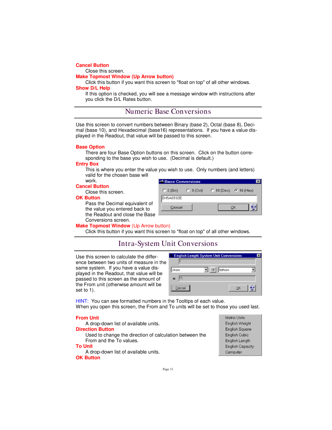 Tangent 2.2 manual Numeric Base Conversions, Intra-System Unit Conversions 