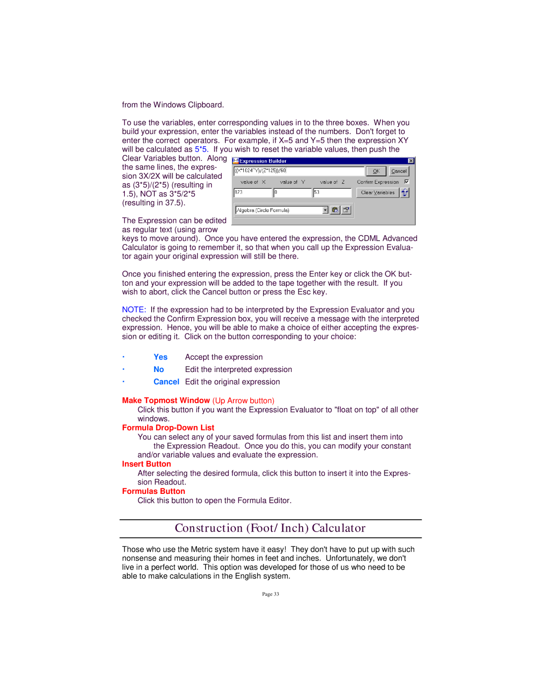 Tangent 2.2 manual Construction Foot/Inch Calculator, Formula Drop-Down List, Insert Button, Formulas Button 