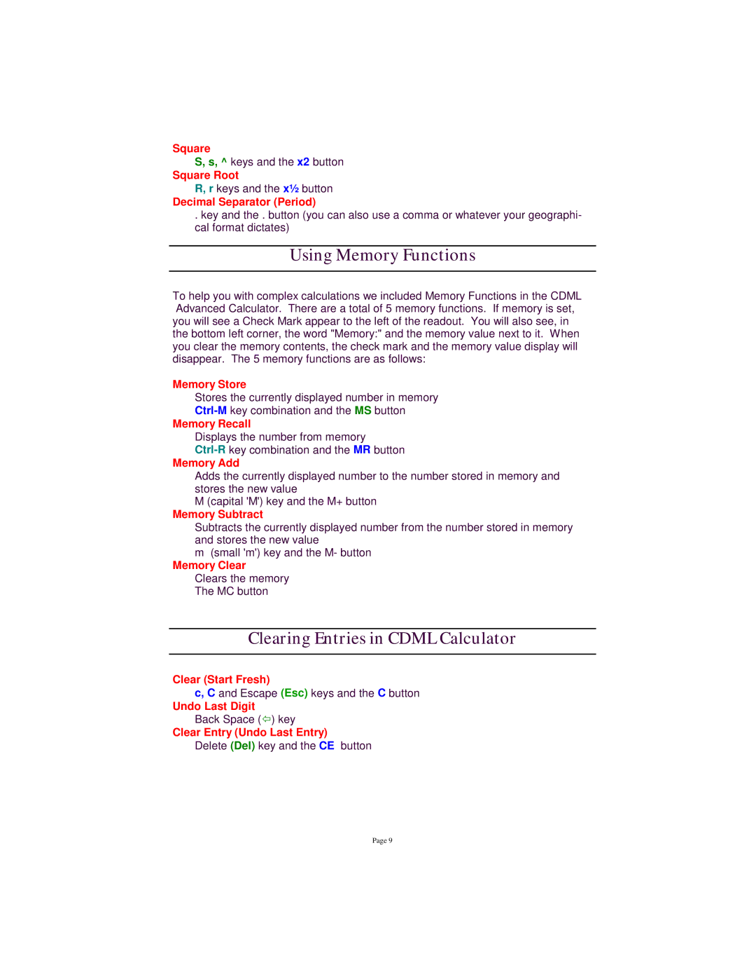 Tangent 2.2 manual Using Memory Functions, Clearing Entries in Cdml Calculator 