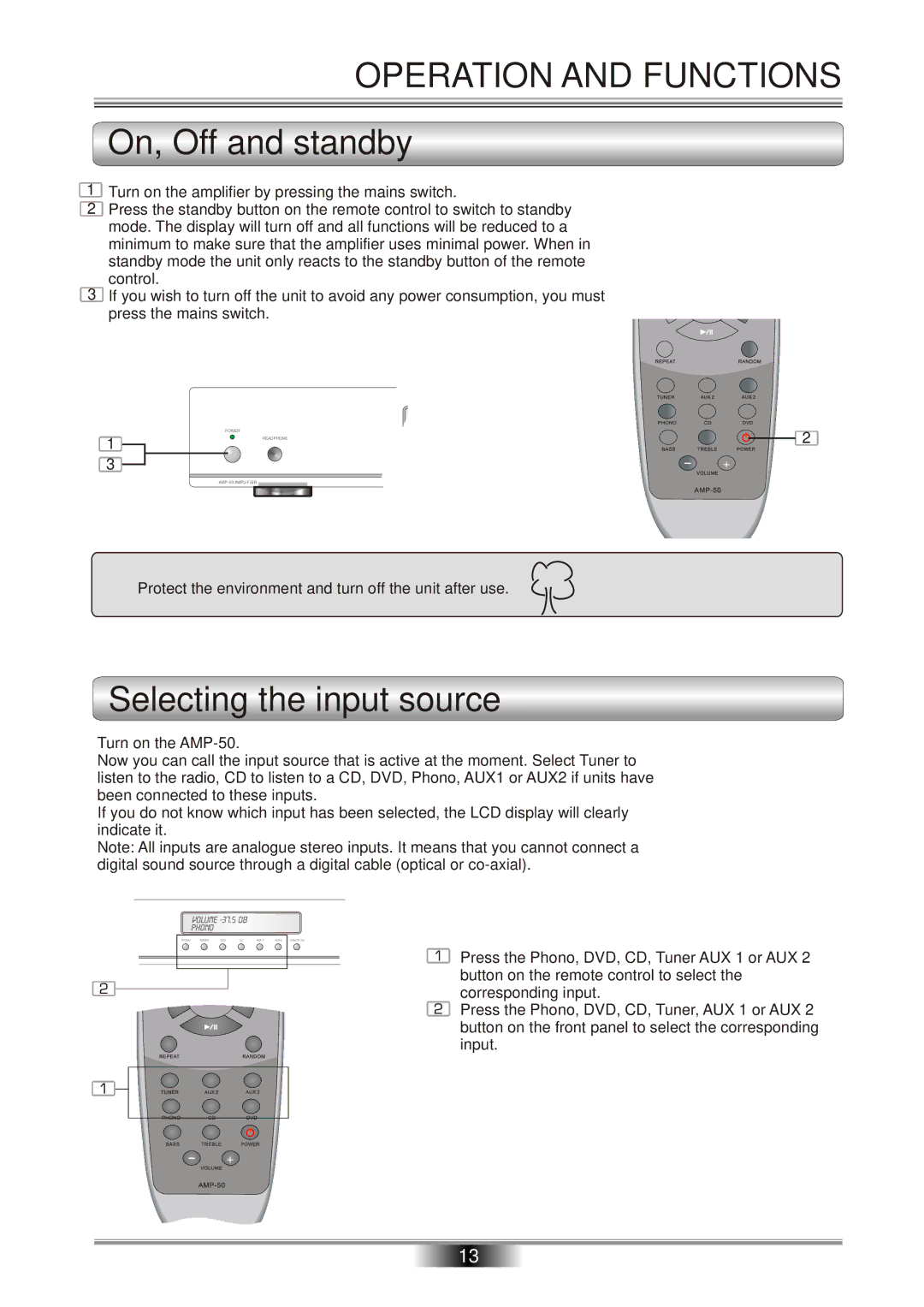 Tangent AMP-50 operation manual Operation and Functions, On, Off and standby, Selecting the input source 