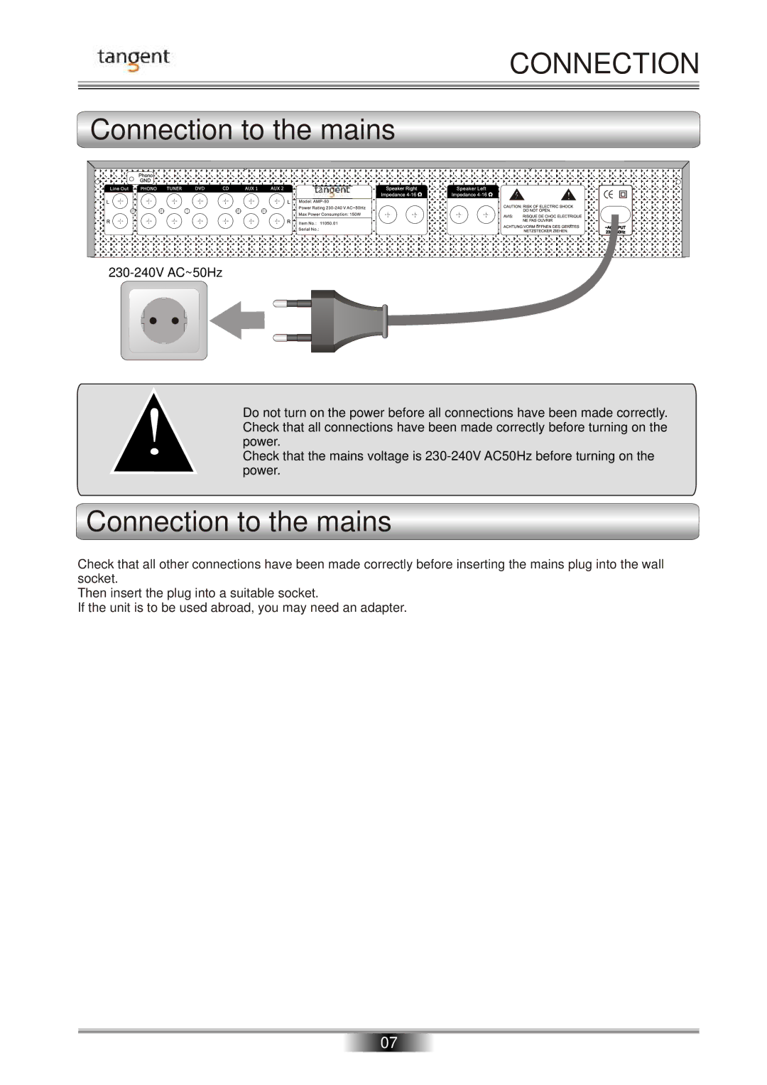 Tangent AMP-50 operation manual Connection to the mains 