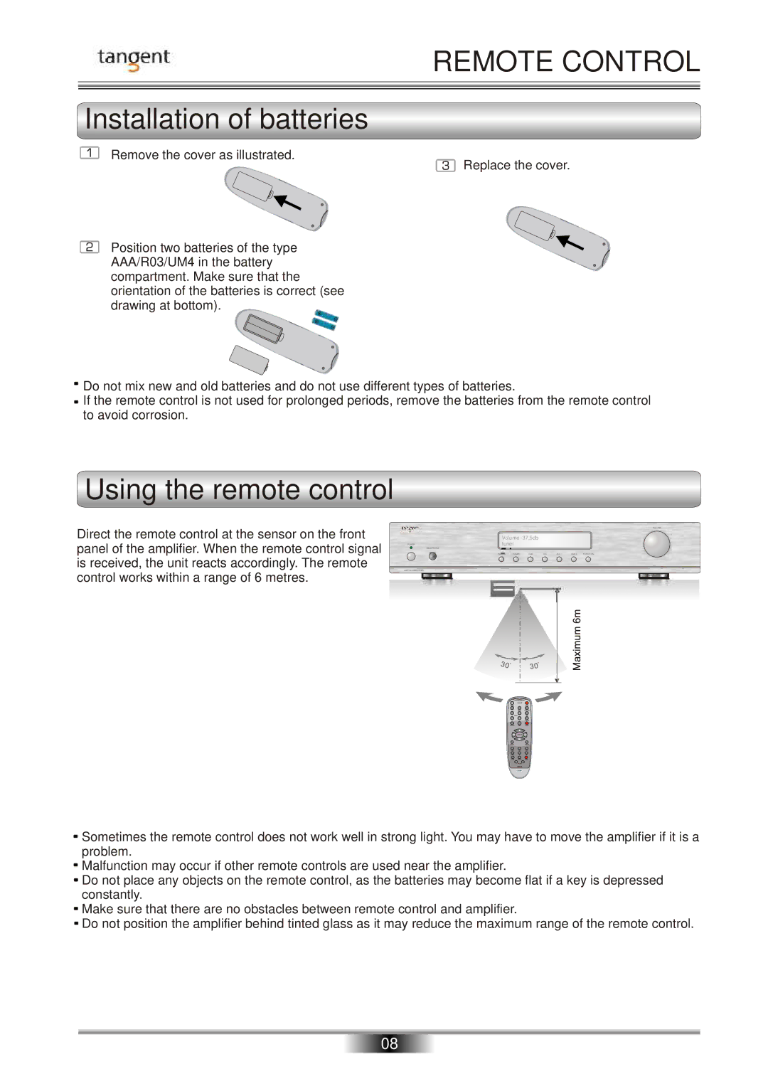 Tangent AMP-50 operation manual Remote Control, Installation of batteries, Using the remote control 