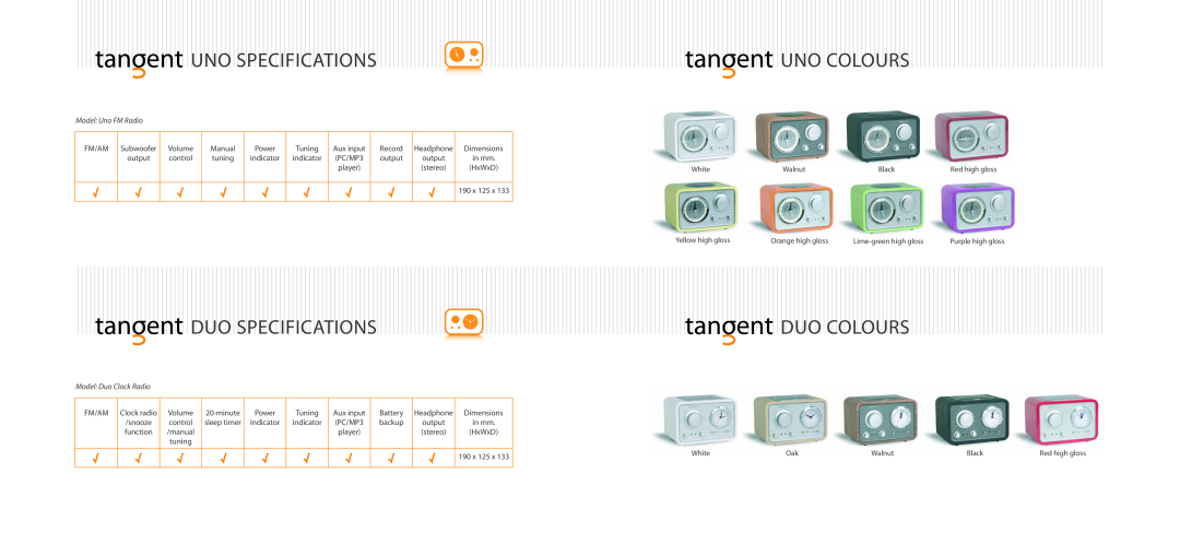 Tangent Audio FM/AM Radio Clock manual Uno Specifications, Duo Specifications, Uno Colours, Duo Colours, Model Uno FM Radio 