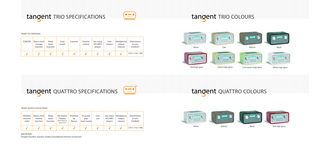 Tangent Audio FM/AM Radio Clock manual Trio Specifications, Quattro Specifications, Trio Colours, Quattro Colours 