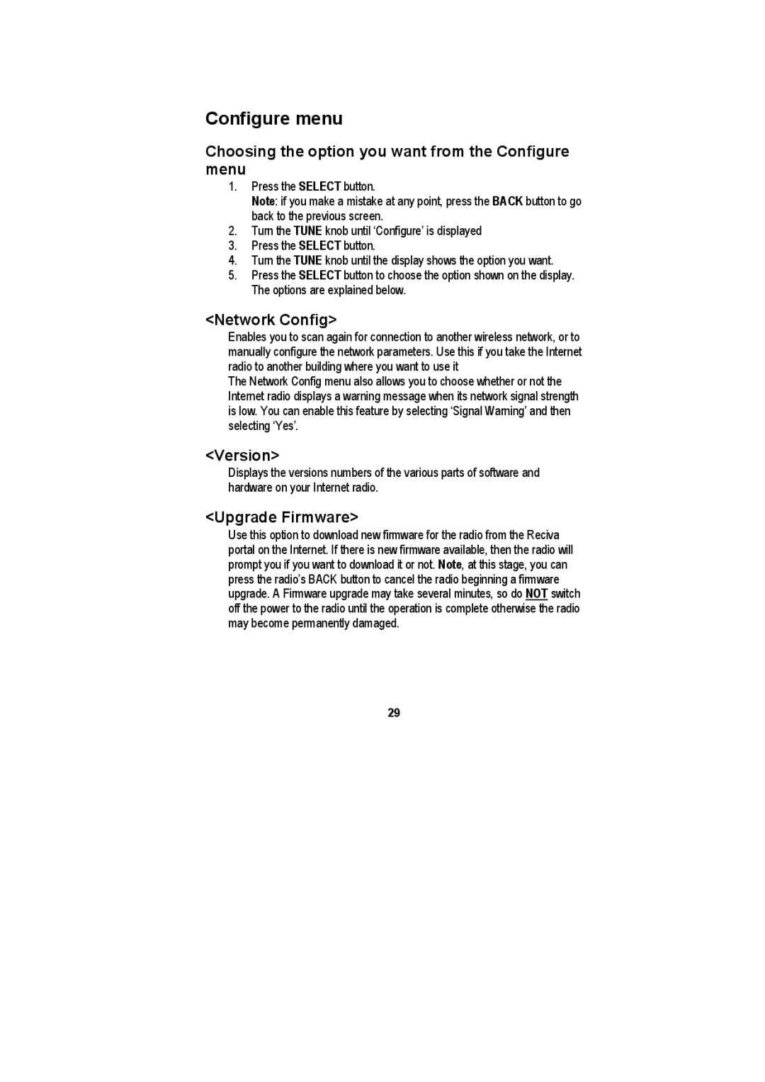 Tangent Audio Quattro MKII manual Choosing the option you want from the Configure menu, Network Config, Version 