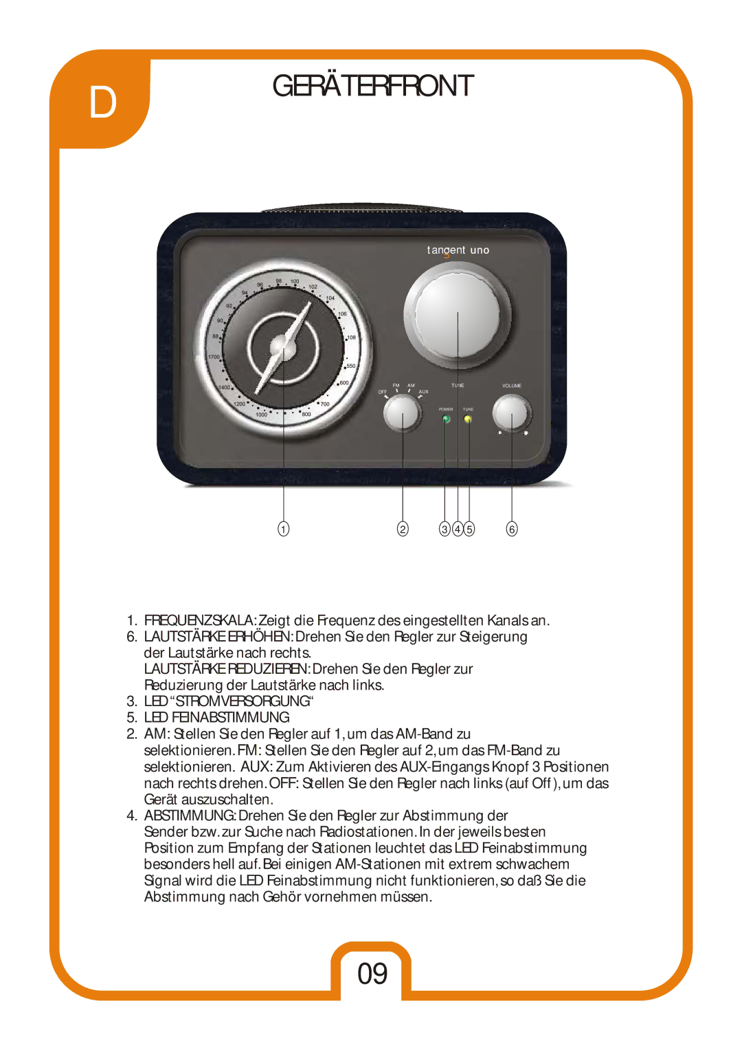 Tangent Audio Uno Table Radio user manual Geräterfront, LED Stromversorgung LED Feinabstimmung 