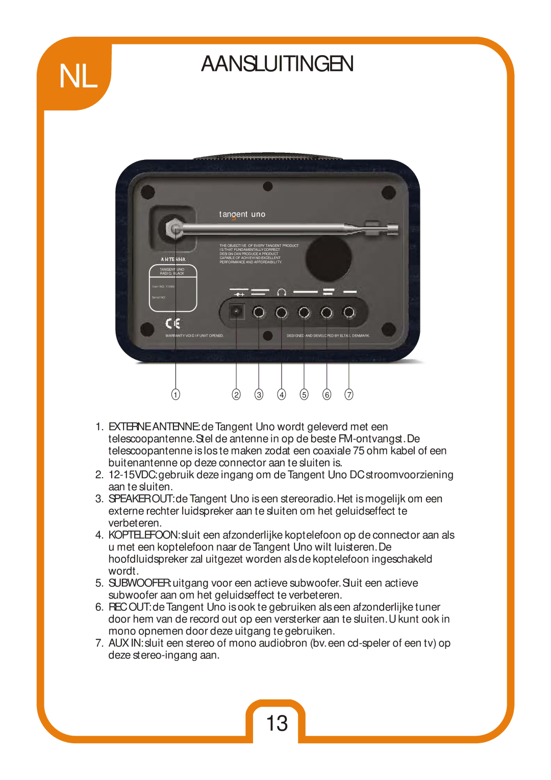 Tangent Audio Uno Table Radio user manual Aansluitingen 