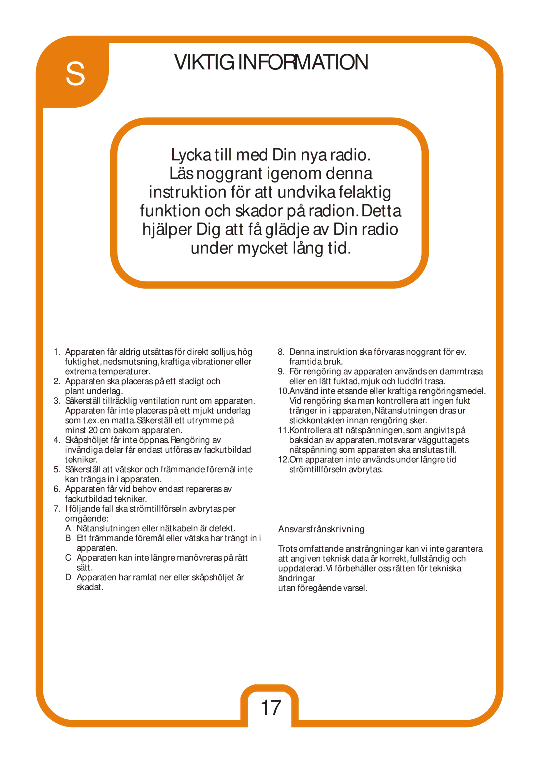 Tangent Audio Uno Table Radio user manual Viktig Information, Ansvarsfrånskrivning 