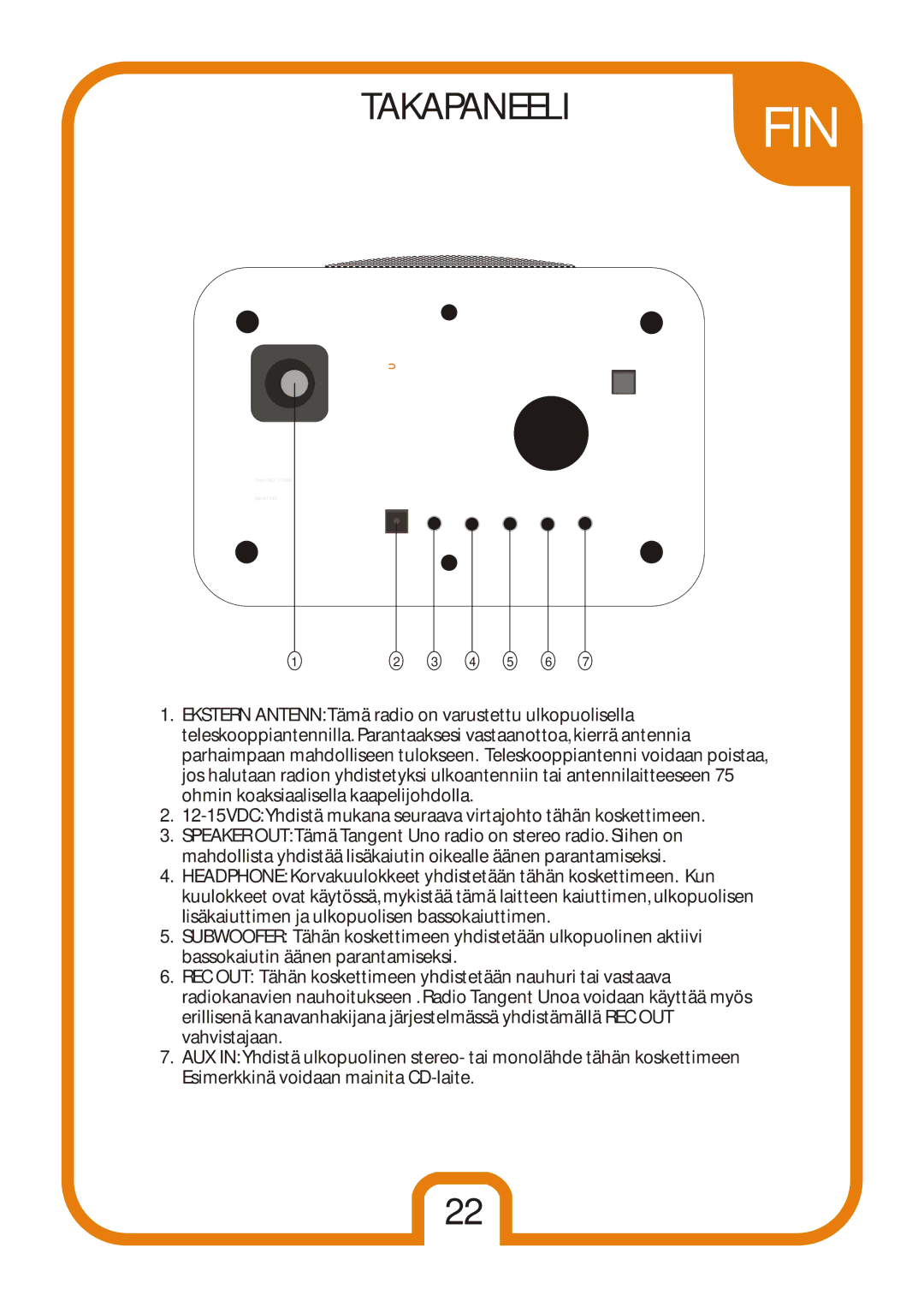 Tangent Audio Uno Table Radio user manual Takapaneeli 