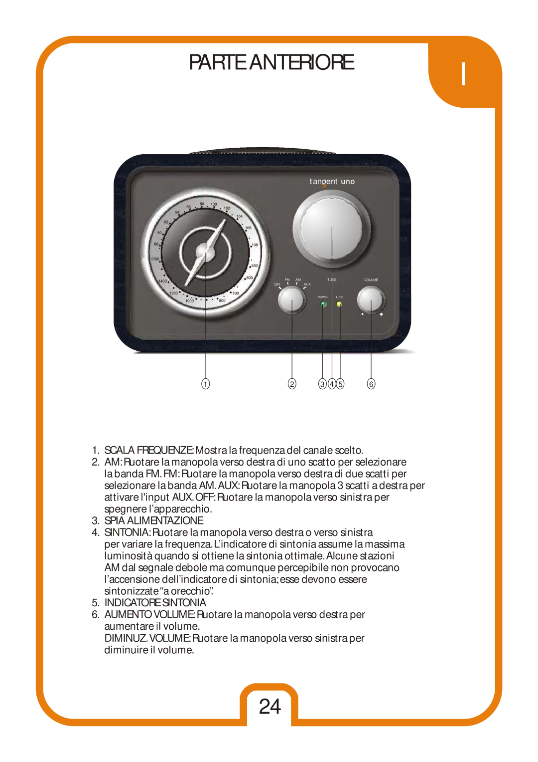 Tangent Audio Uno Table Radio user manual Parte Anteriore, Spia Alimentazione, Indicatore Sintonia 