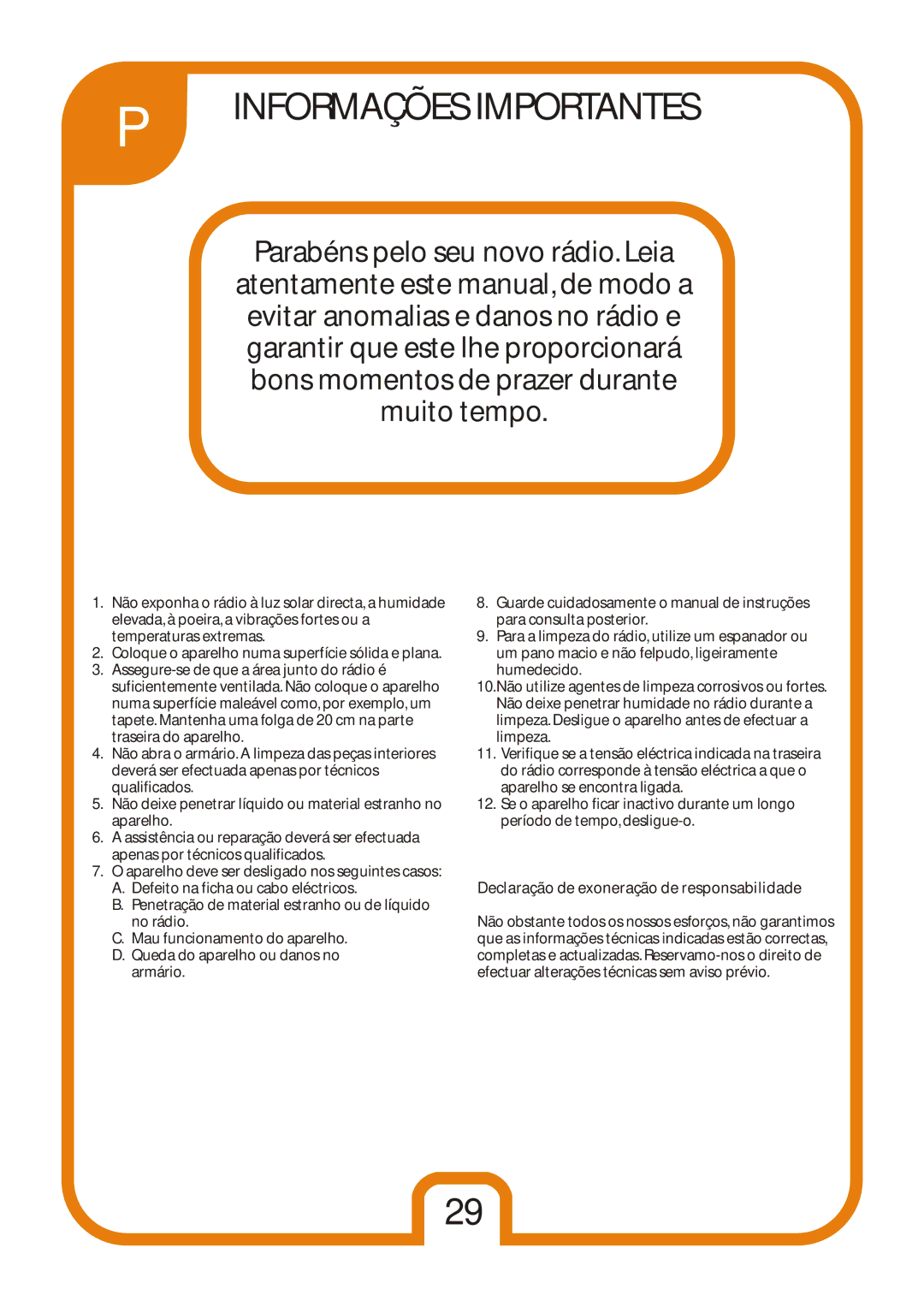 Tangent Audio Uno Table Radio user manual Informações Importantes, Declaração de exoneração de responsabilidade 