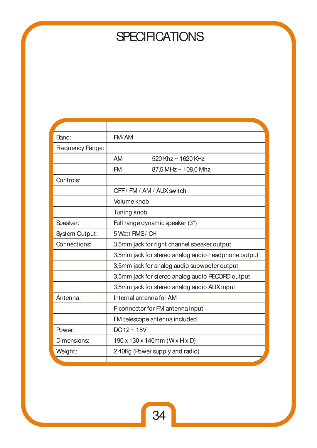 Tangent Audio Uno Table Radio user manual Specifications, Fm/Am 