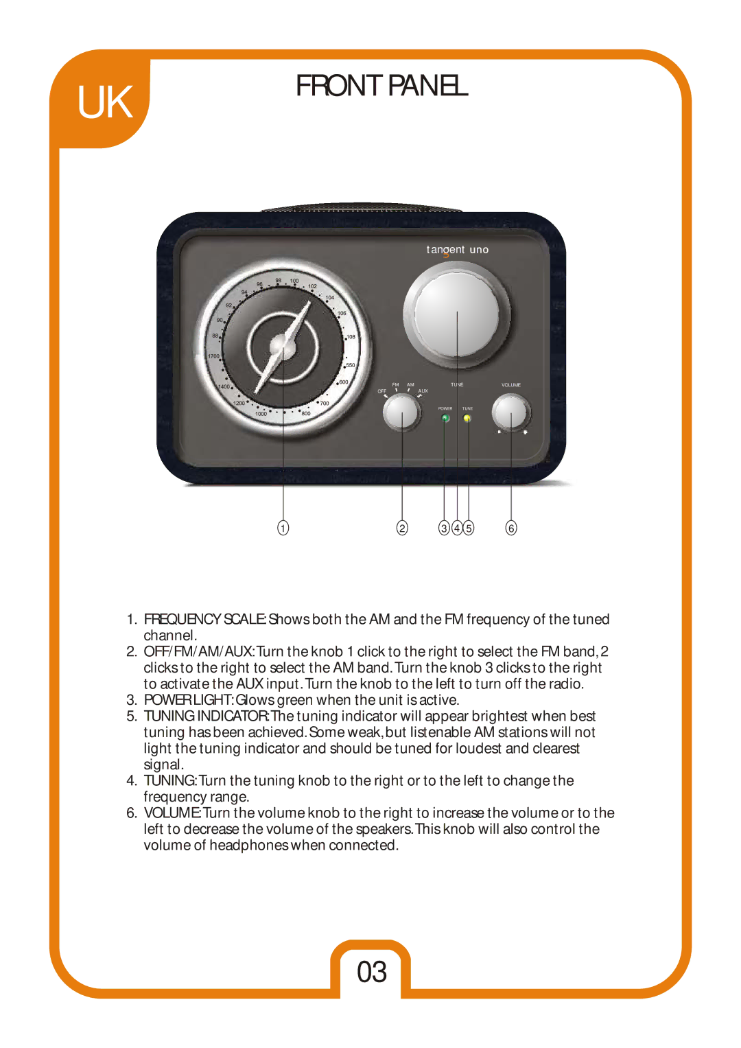 Tangent Audio Uno Table Radio user manual Front Panel 