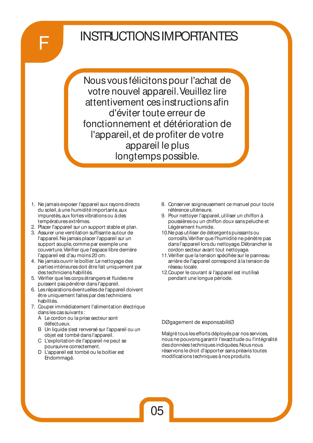 Tangent Audio Uno Table Radio user manual Instructions Importantes, Dégagement de responsabilité 