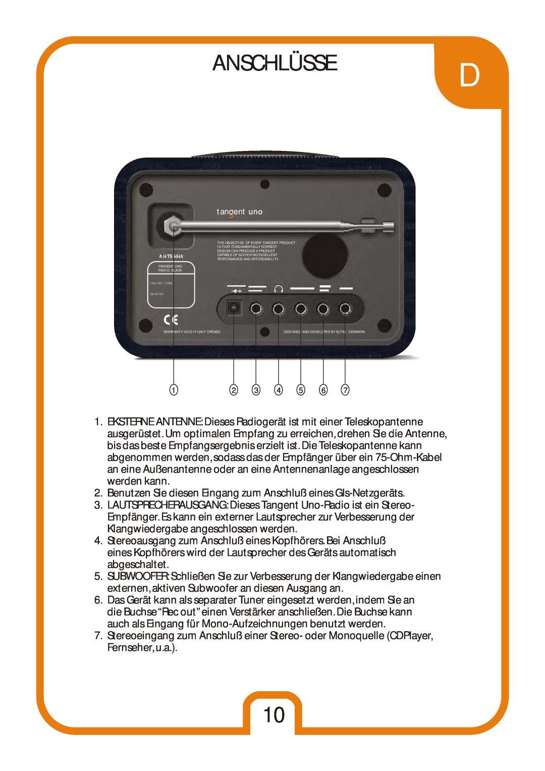 Tangent Audio Uno Table Radio user manual Anschlüssed 