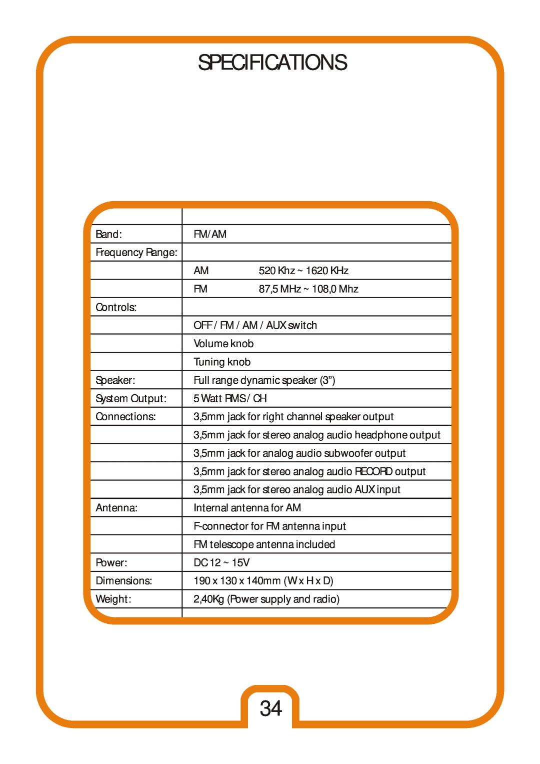 Tangent Audio Uno Table Radio user manual Specifications 