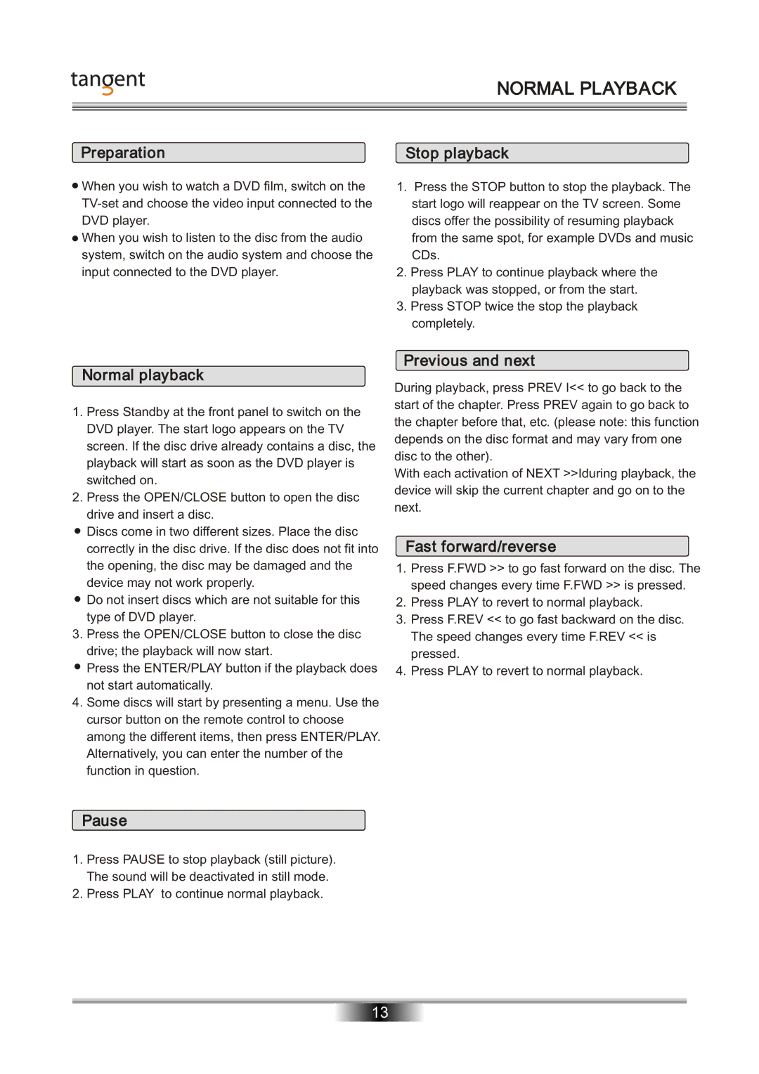 Tangent D-101 manual Normal Playback 