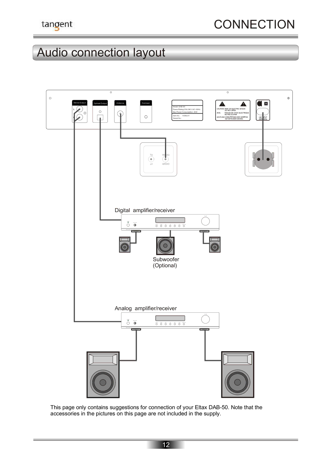 Tangent DAB-50 operation manual Audio connection layout, Subwoofer Optional Analog amplifier/receiver 