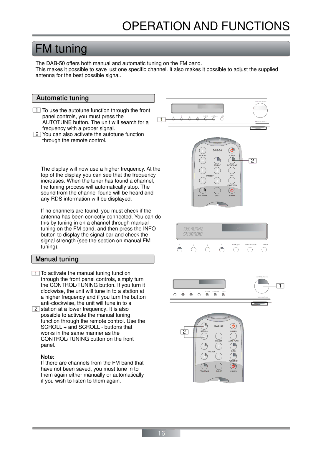 Tangent DAB-50 operation manual FM tuning, Automatic tuning 