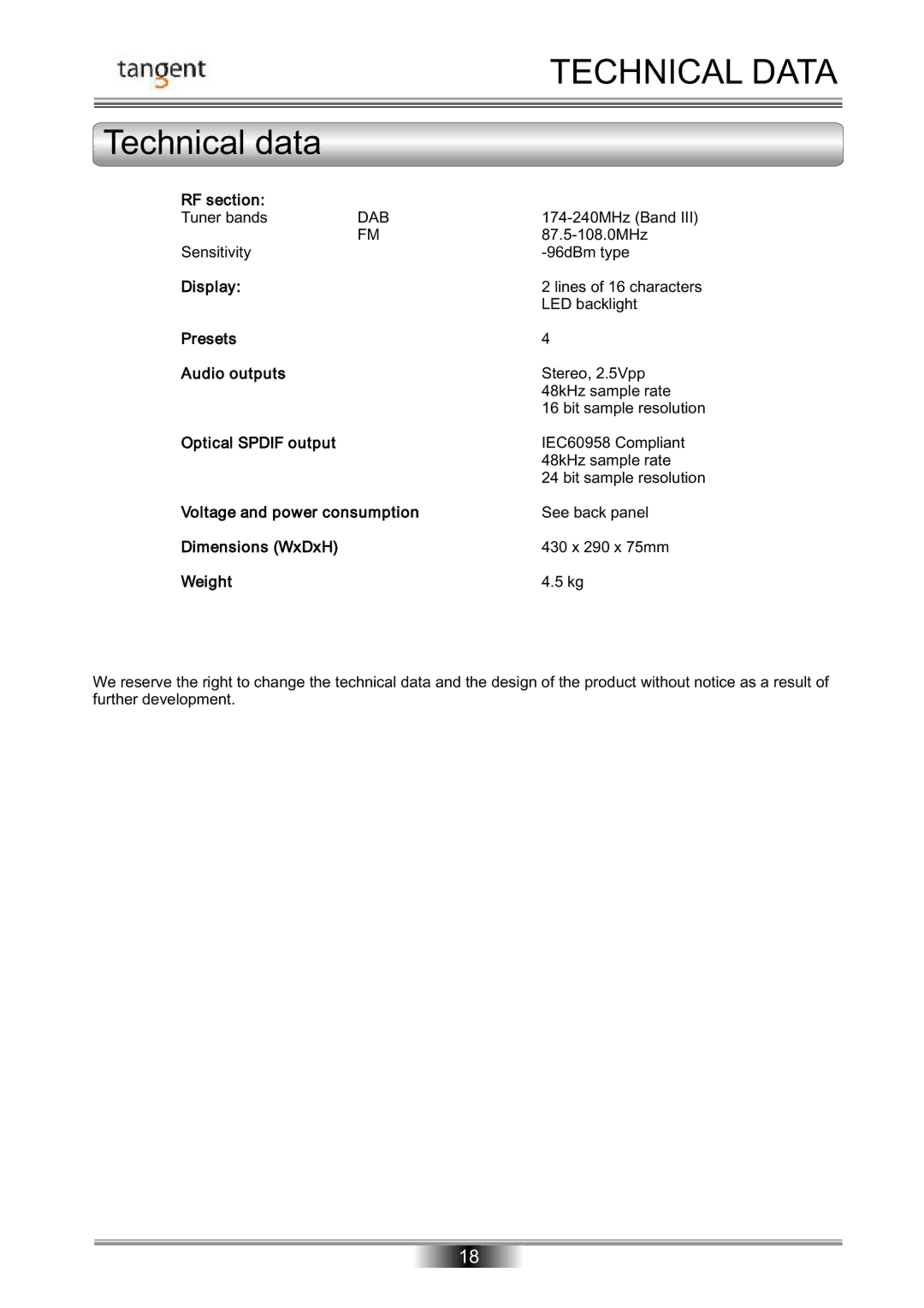 Tangent DAB-50 operation manual Technical Data, Technical data 