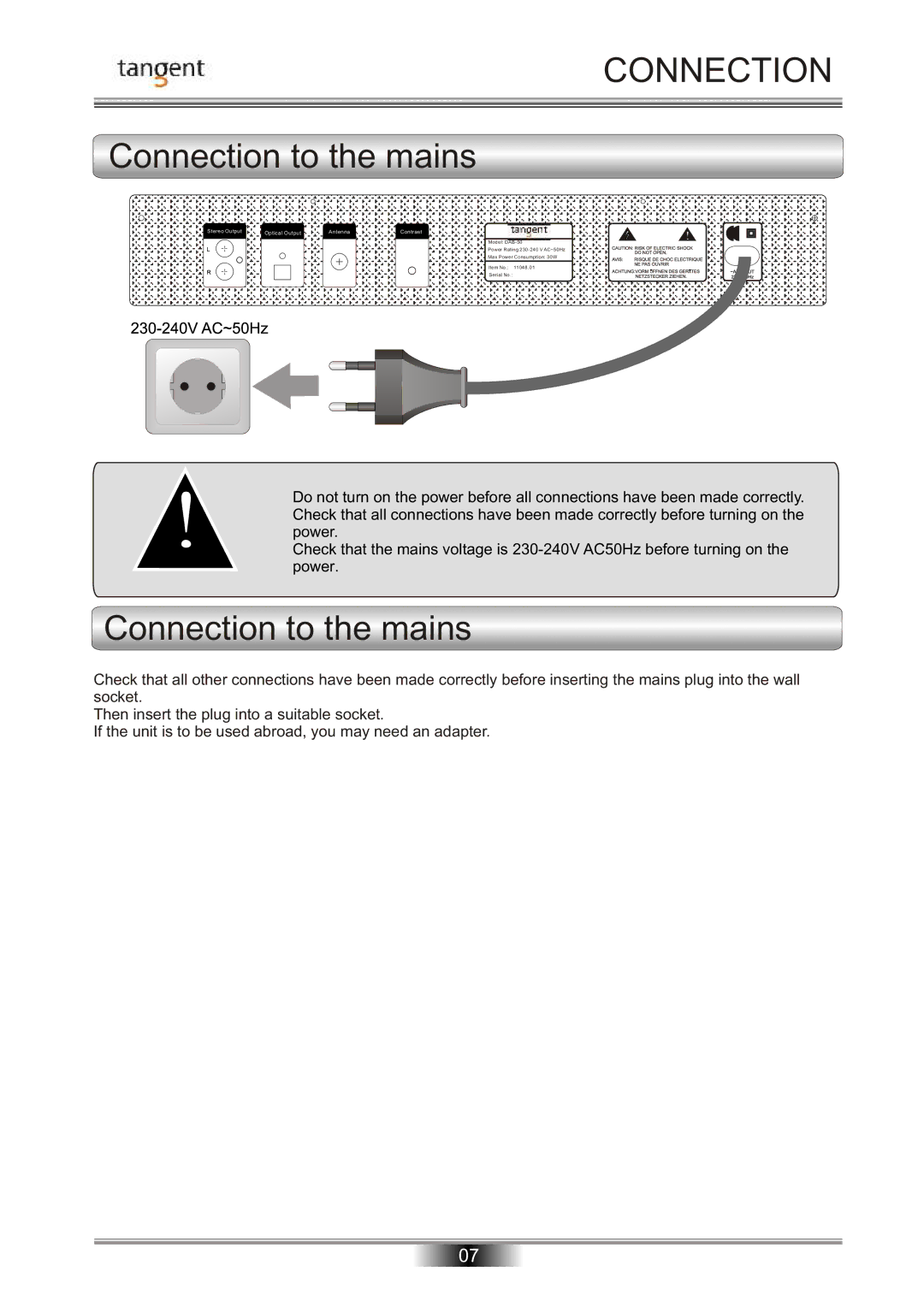 Tangent DAB-50 operation manual Connection to the mains 